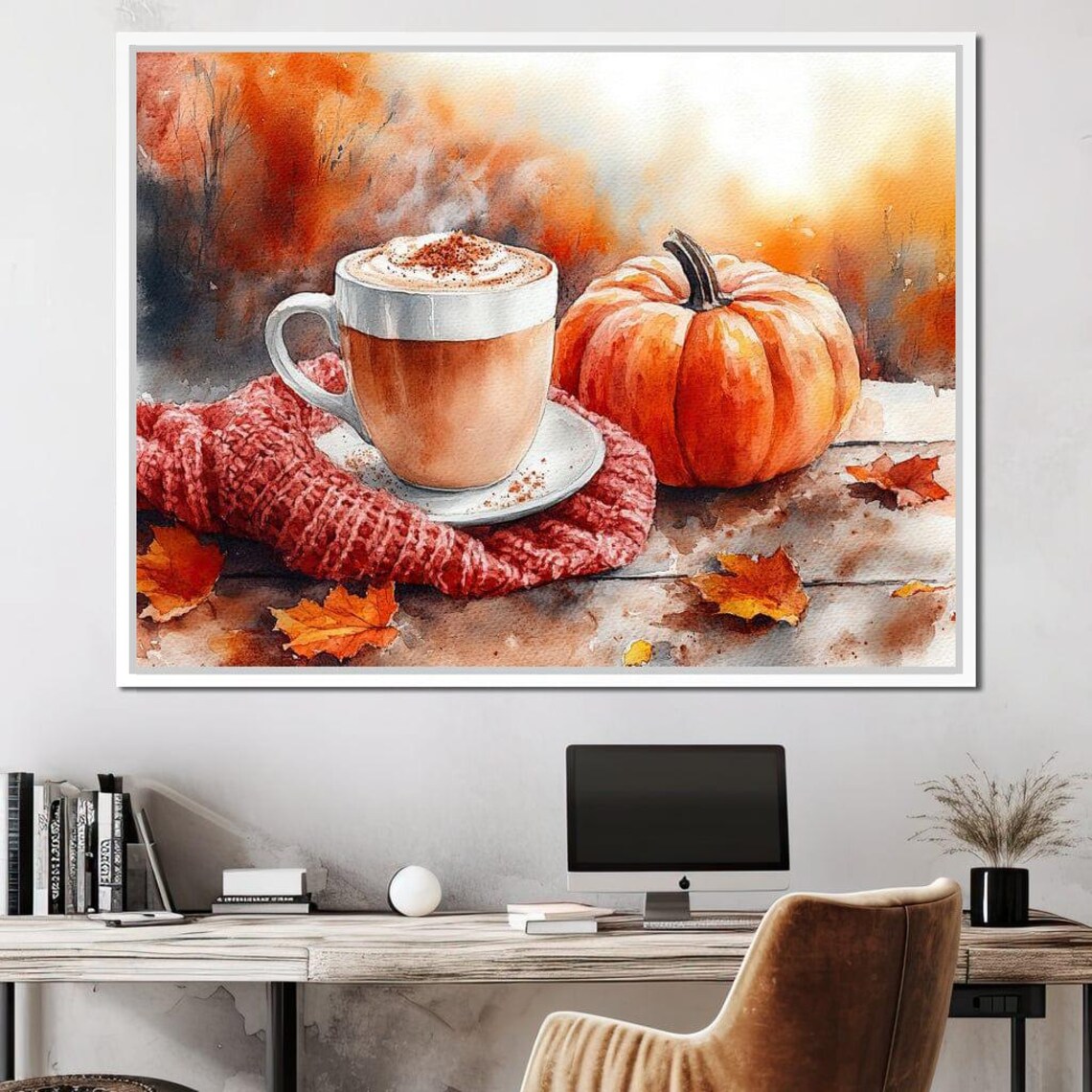 Cozy Fall Coffee Cup Red Scarf Pumpkin Watercolor Autumn Kitchen Poster - Image 3