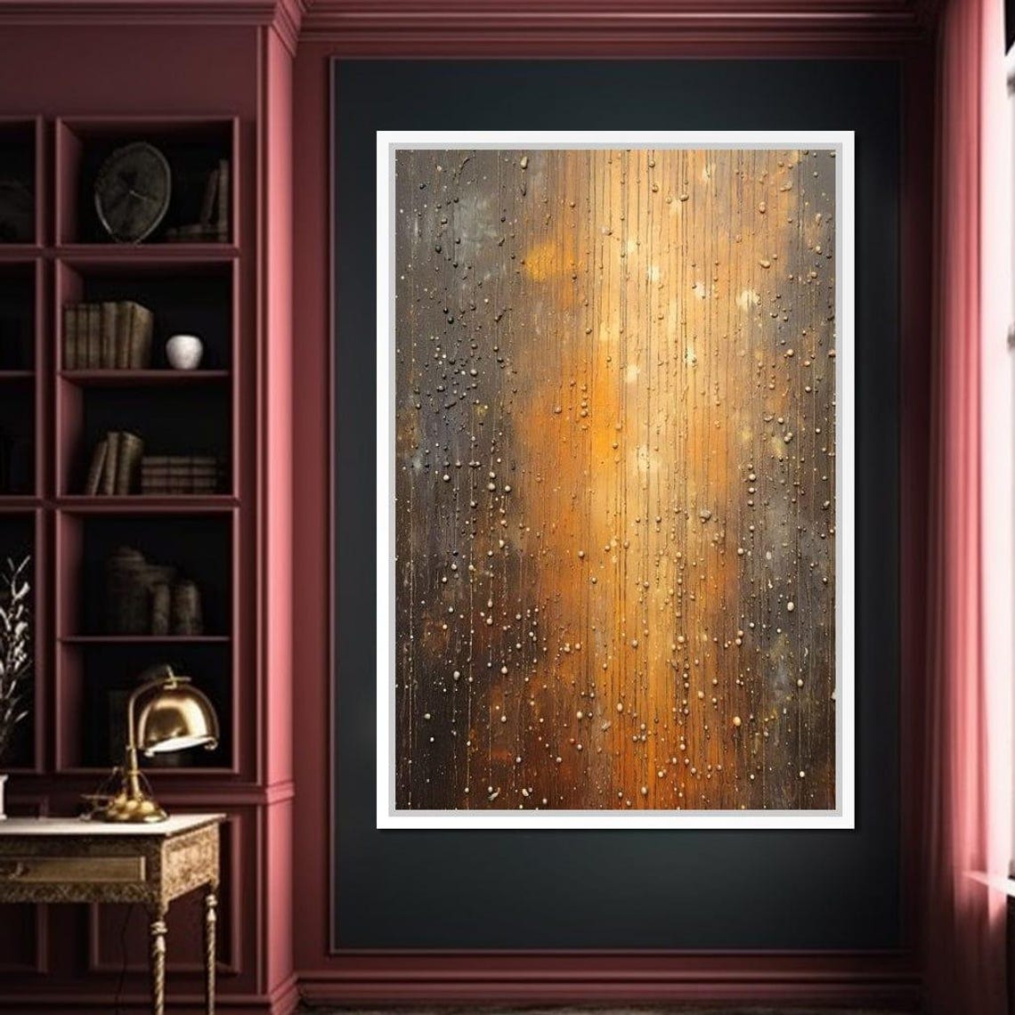 Golden Rain Droplets Bronze Textured Abstract Vertical Wall Art Print - Image 4