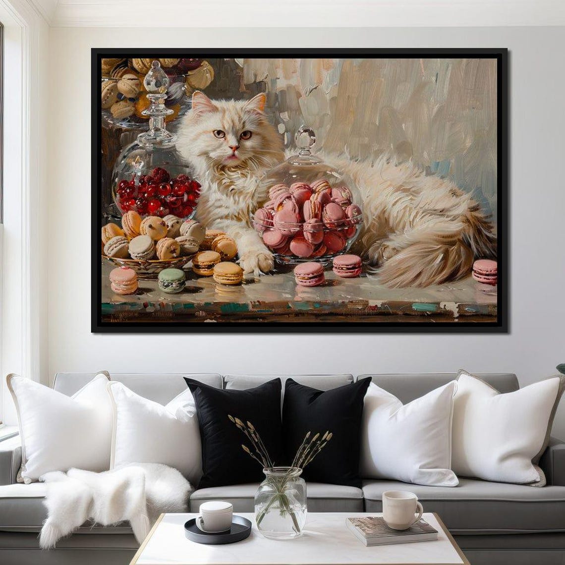 White Fluffy Cat Among Macarons And Sweets Still Life Art Poster - Image 2