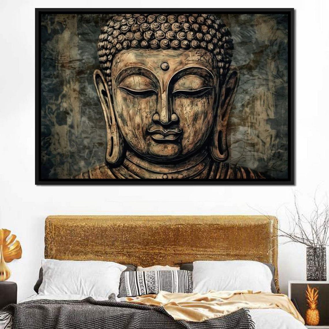 Bronze Buddha Face Serene Stone Texture Zen Meditation Wall Art - Image 2