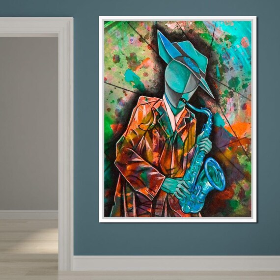 Stylized Saxophone Player In Hat Colorful Cubist Jazz Music Art Poster