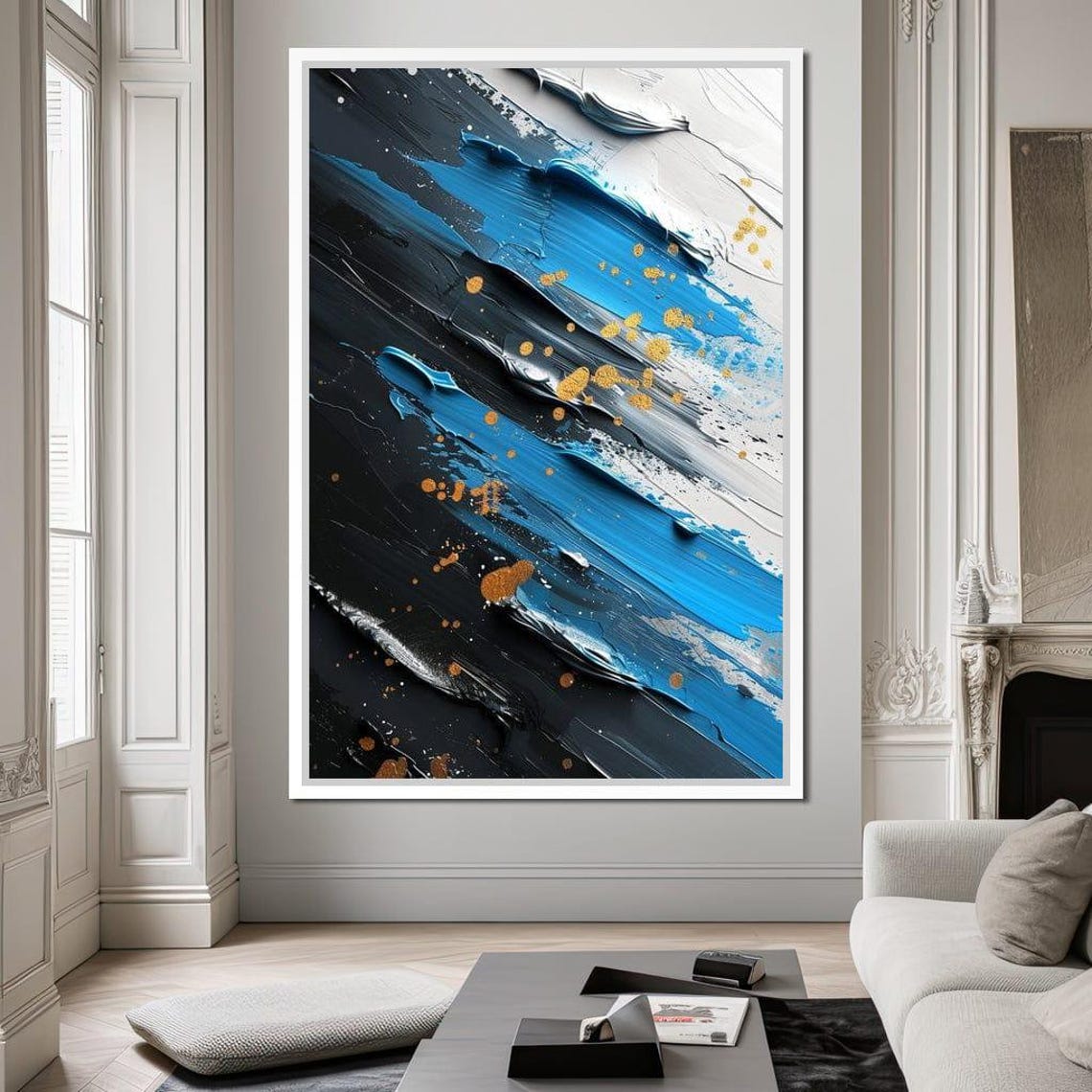 Sapphire Blue Gold Abstract Art Diagonal Brushstroke Dots Wall Poster - Image 2