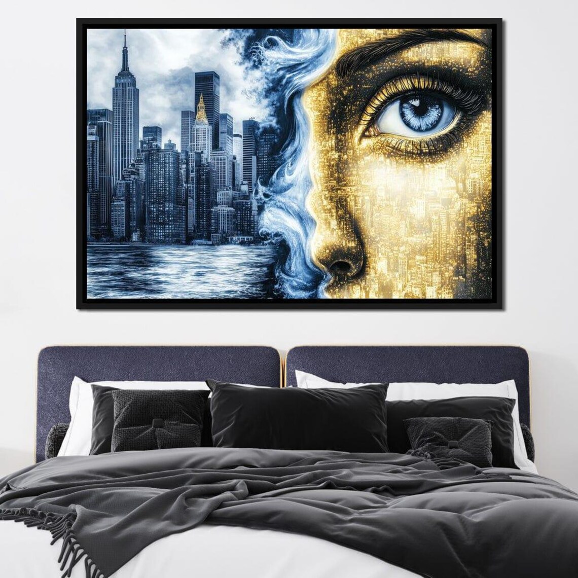 Manhattan Skyline Merging Into Golden Woman Eye Surreal Art Poster - Image 4