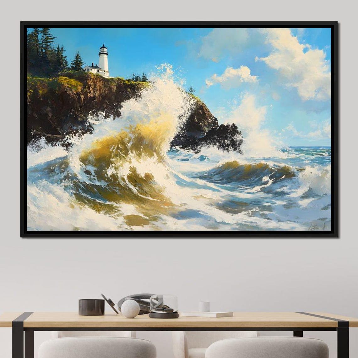 Crashing Waves Against a Cliffside Lighthouse Dramatic Coastal Poster - Image 2
