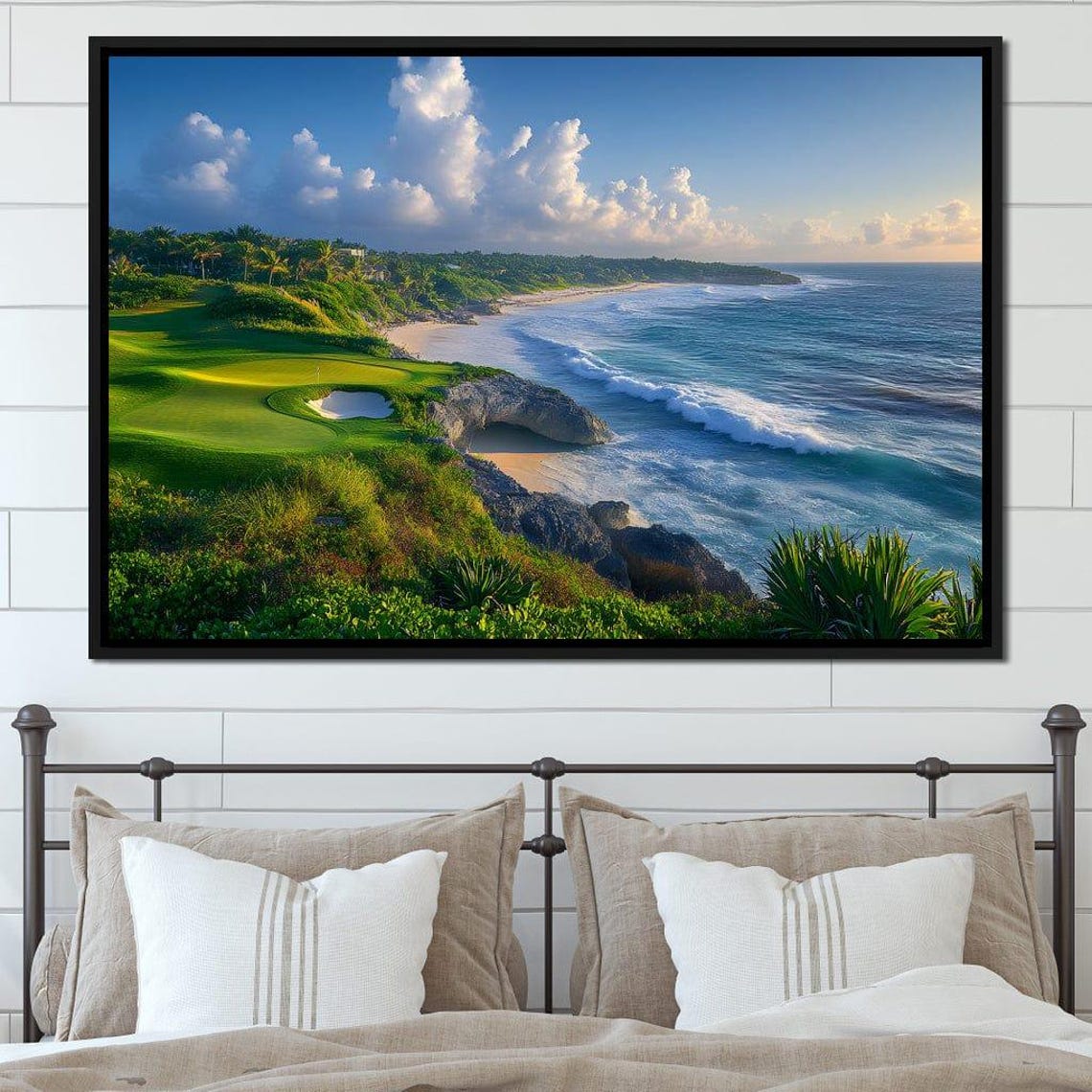 Coastal Golf Course Green Beside a Turquoise Ocean at Sunset Poster