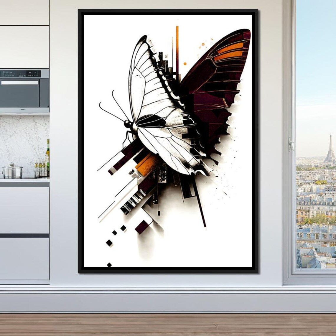 Butterfly Geometric Fusion Black White Amber Abstract Nature Art Print
