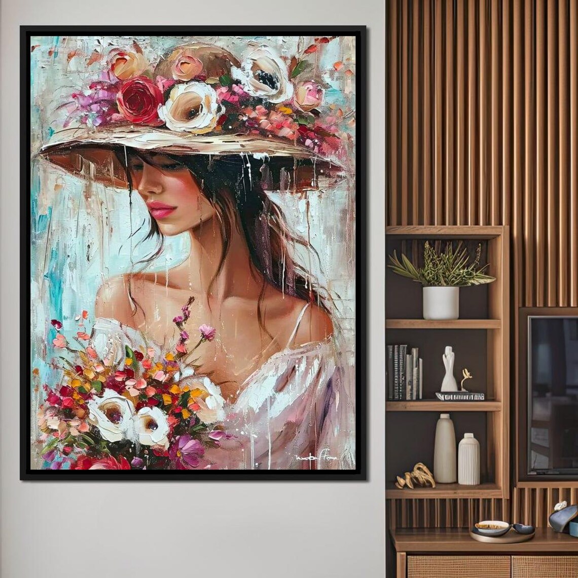 Woman Floral Straw Hat Roses Bouquet Impressionist Oil Painting Print - Image 4