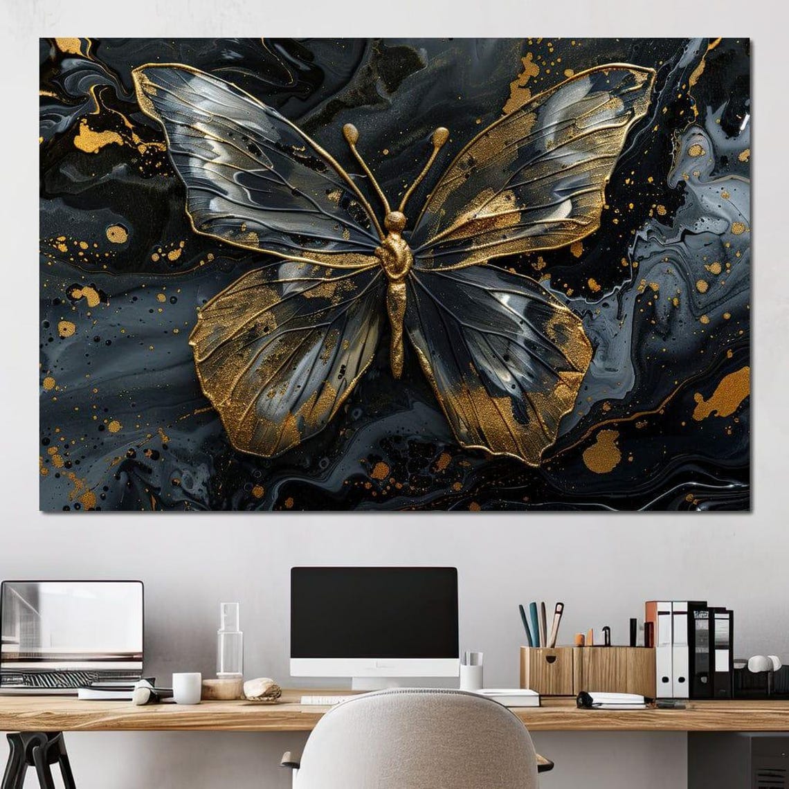 Gilded Butterfly Silhouette Black Gold Multi Panel Canvas Wall Art - Image 4