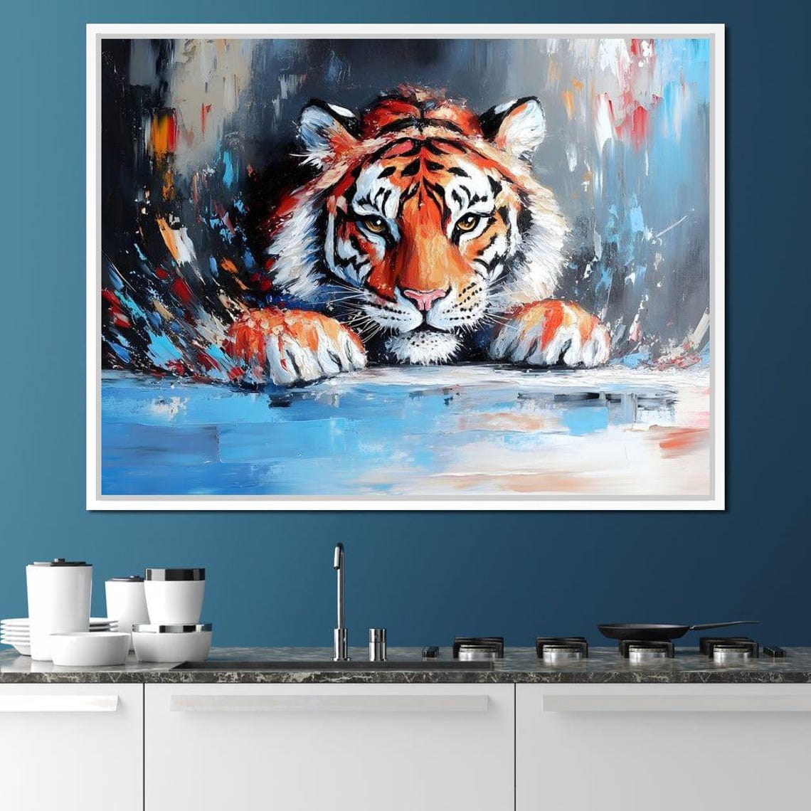 Majestic Tiger Emerging From Abstract Blue Brushstrokes Poster - Image 4