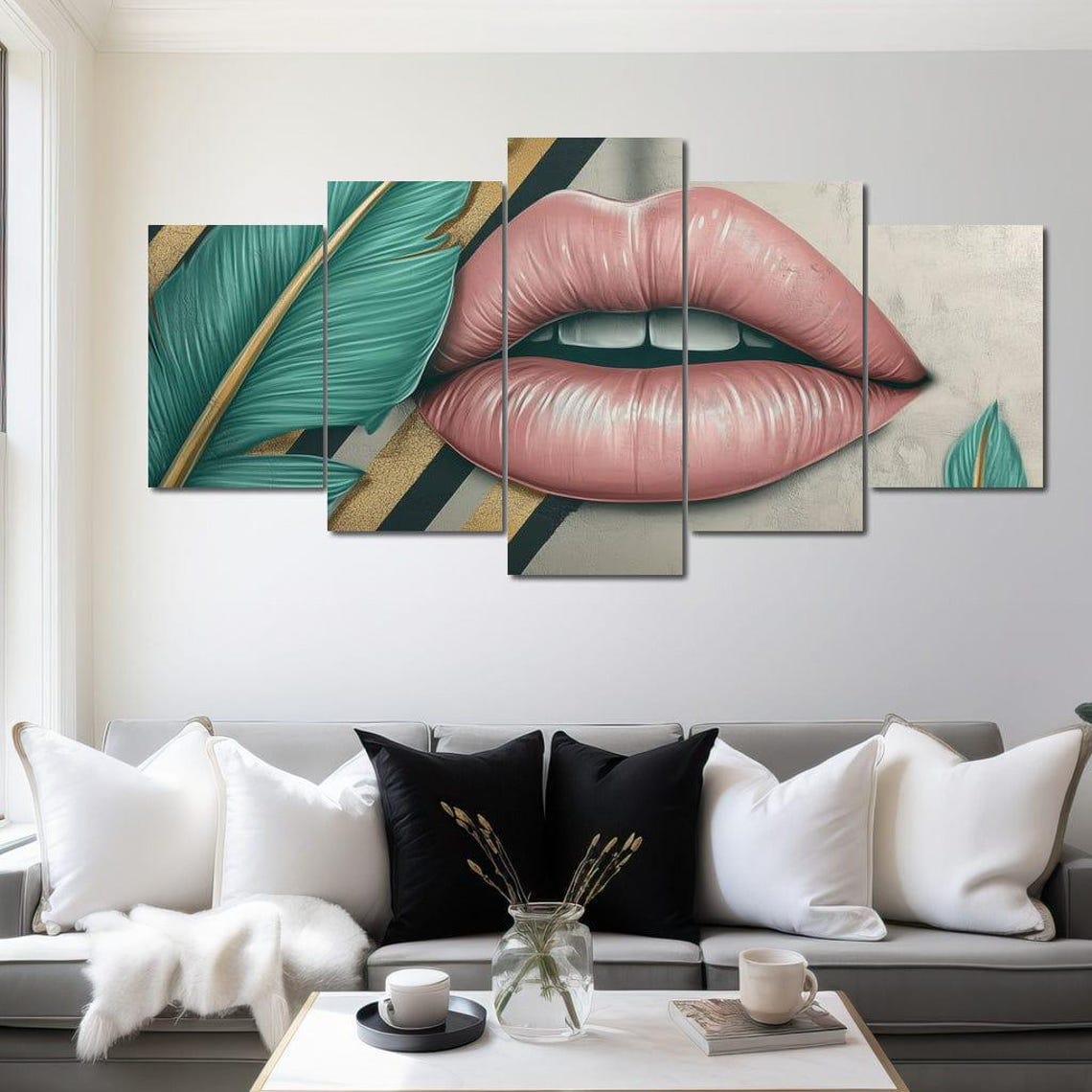 Pink Glossy Lips Tropical Green Leaf Multi Panel Modern Pop Poster - Image 2