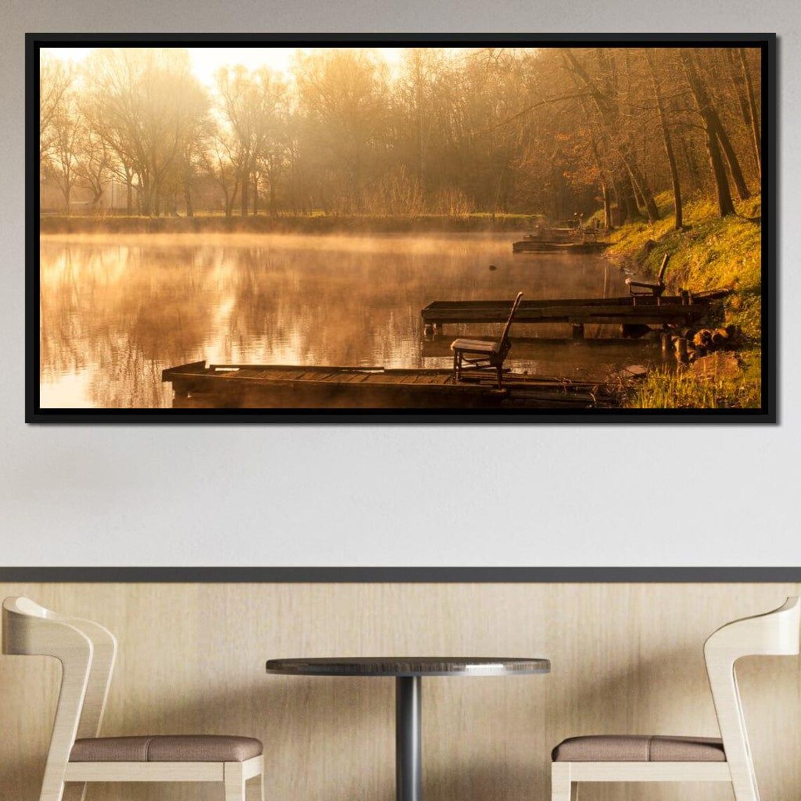 Misty Lake Sunrise Golden Morning Dock Autumn Trees Landscape Poster - Image 2
