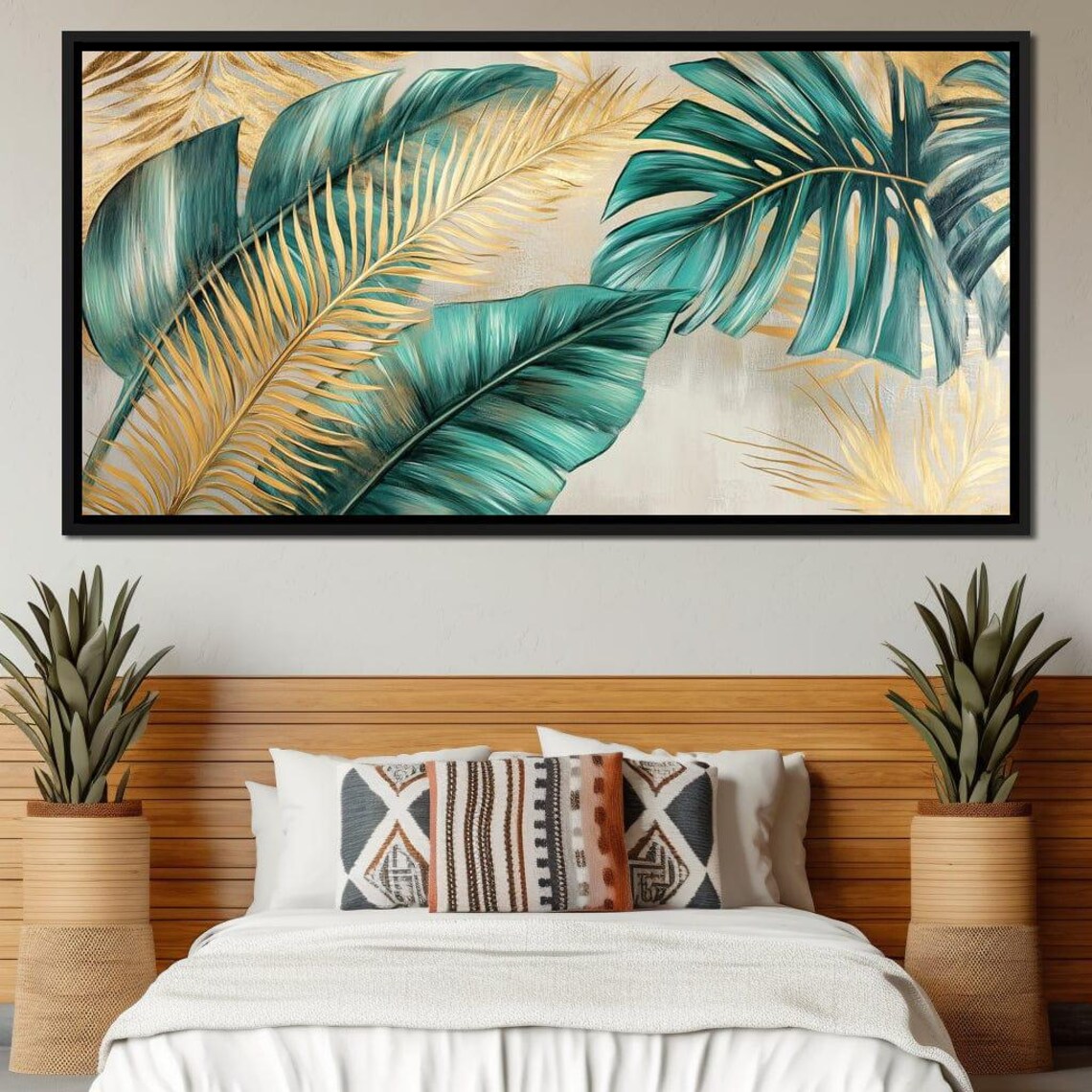Teal Banana Leaves Gold Palm Fronds Cream Tropical Chic Wall Art - Image 2