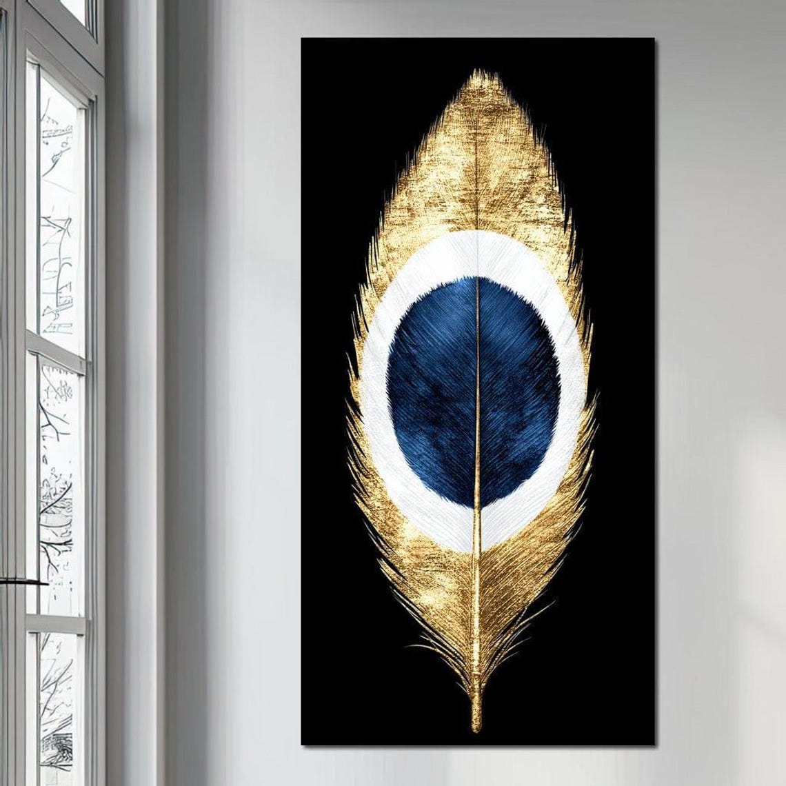 Gold And Navy Peacock Feather On Black Background Elegant Wall Art - Image 3