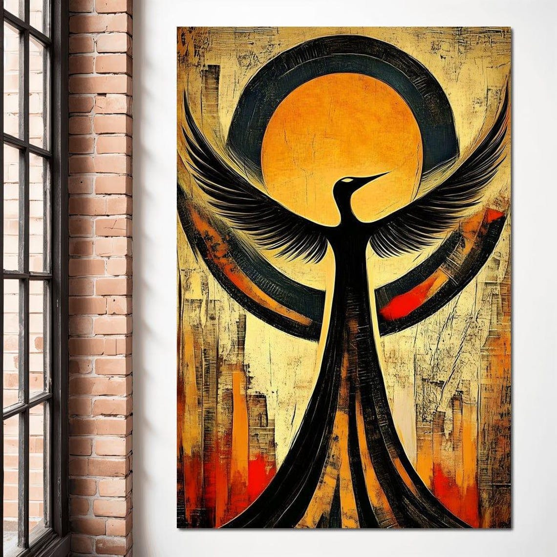 Black Phoenix With Wings Spread Before A Golden Sun Circle Wall Art - Image 3