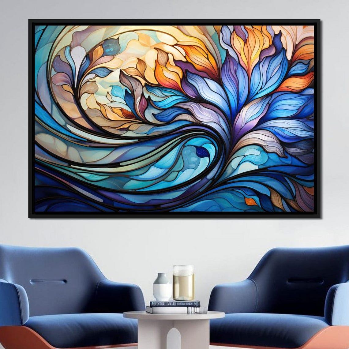 Stained Glass Style Abstract Floral Waves Blue Orange Bloom Poster - Image 4