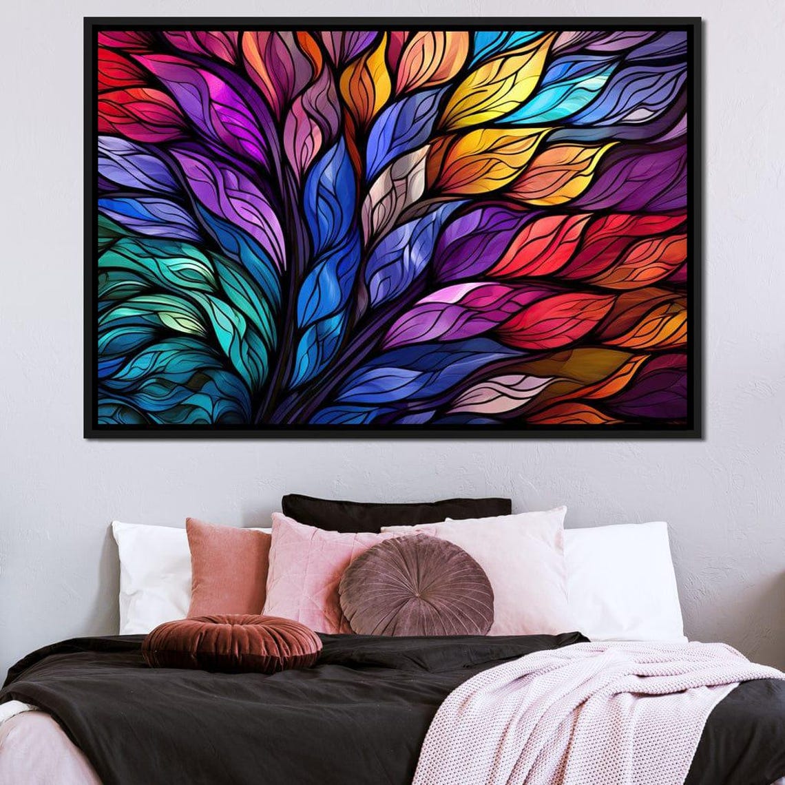 Stained Glass Rainbow Feather Leaves Five Panel Canvas Wall Art - Image 4