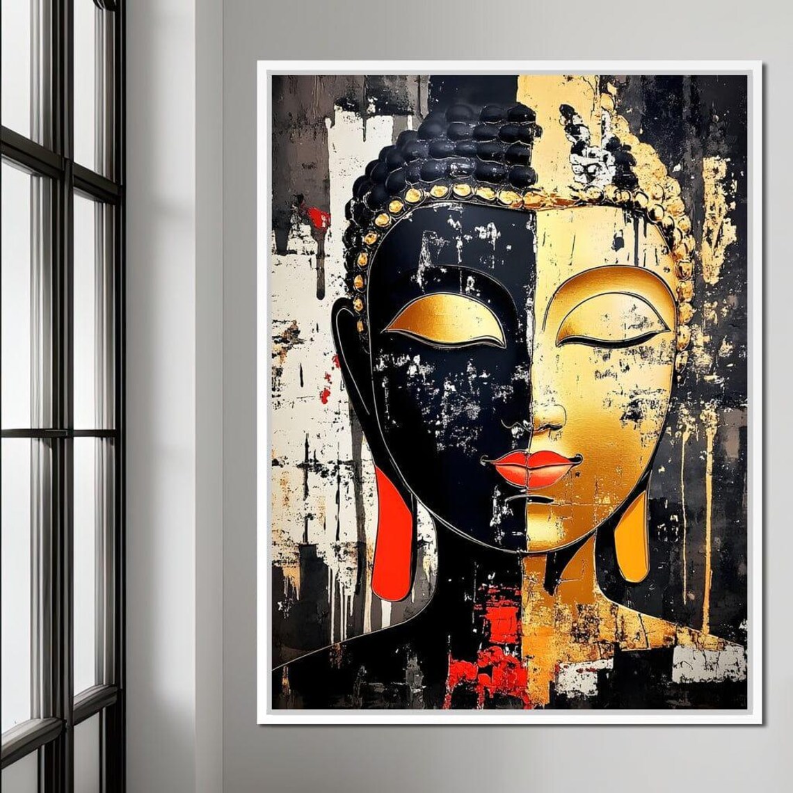 Black Gold Split Face Buddha Zen Abstract Red Lips Spiritual Wall Art Print - Image 2