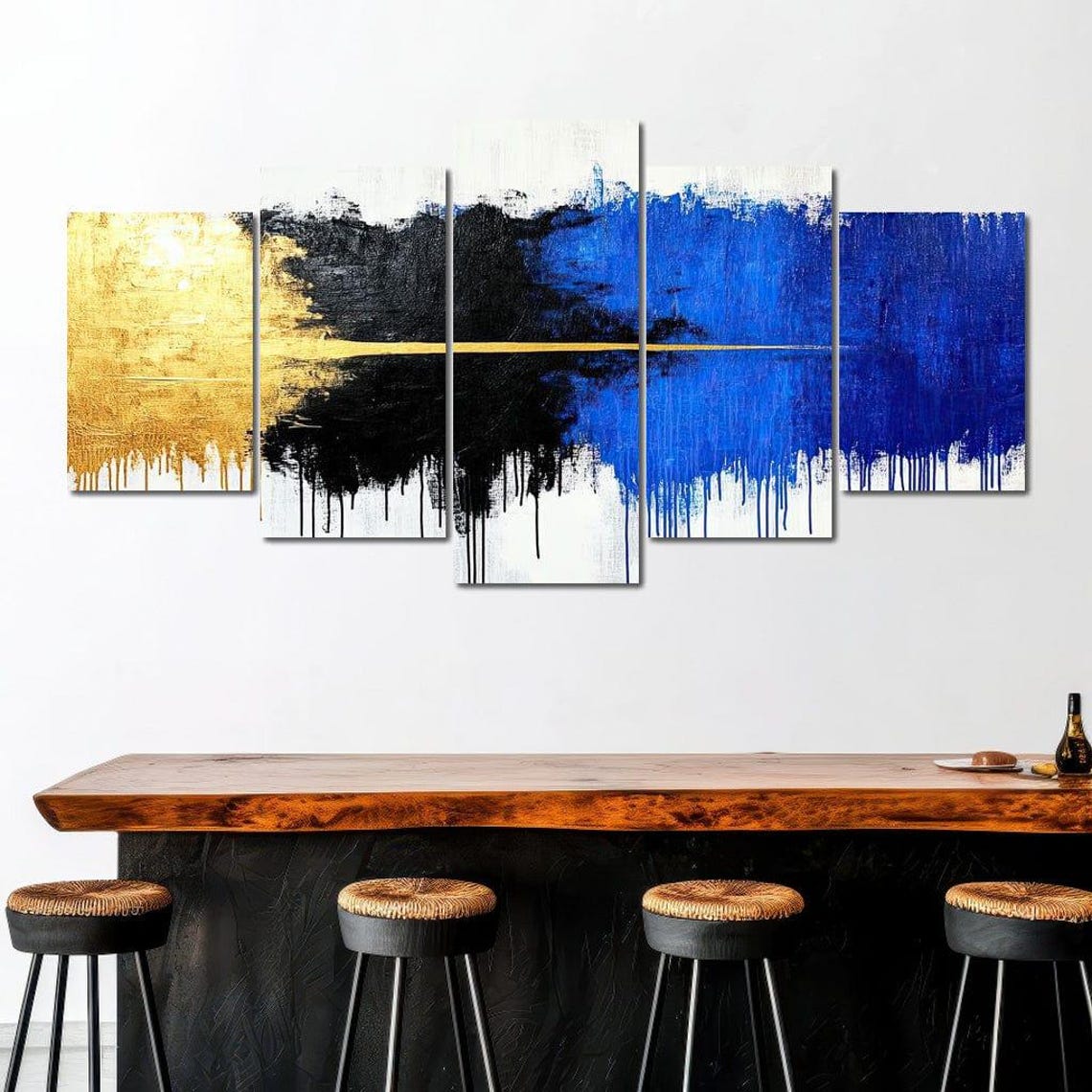 Gold Black Blue Abstract Dripping Paint Horizontal Canvas Poster - Image 4
