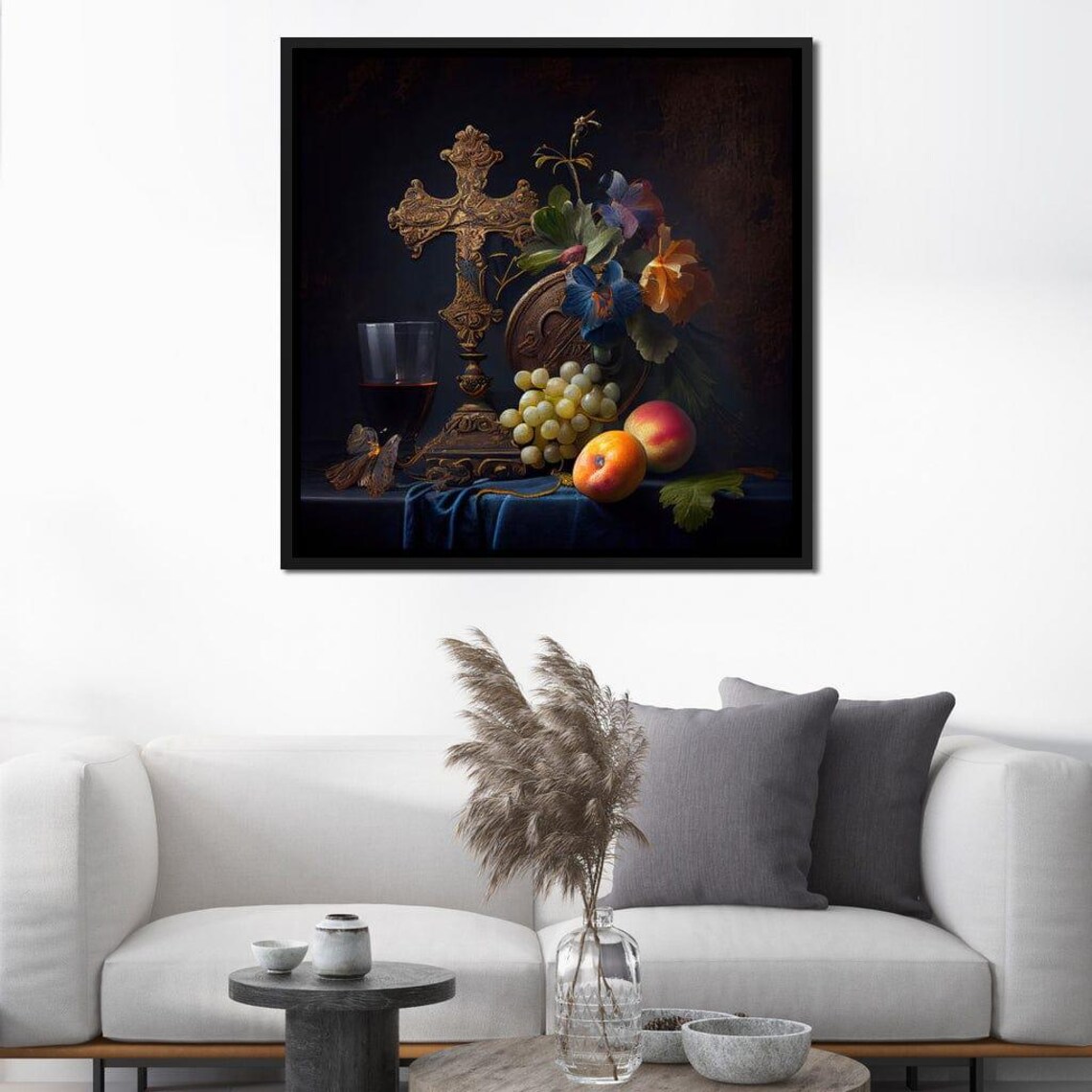 Baroque Gold Cross Still Life With Grapes Wine Dark Classic Art Poster - Image 3