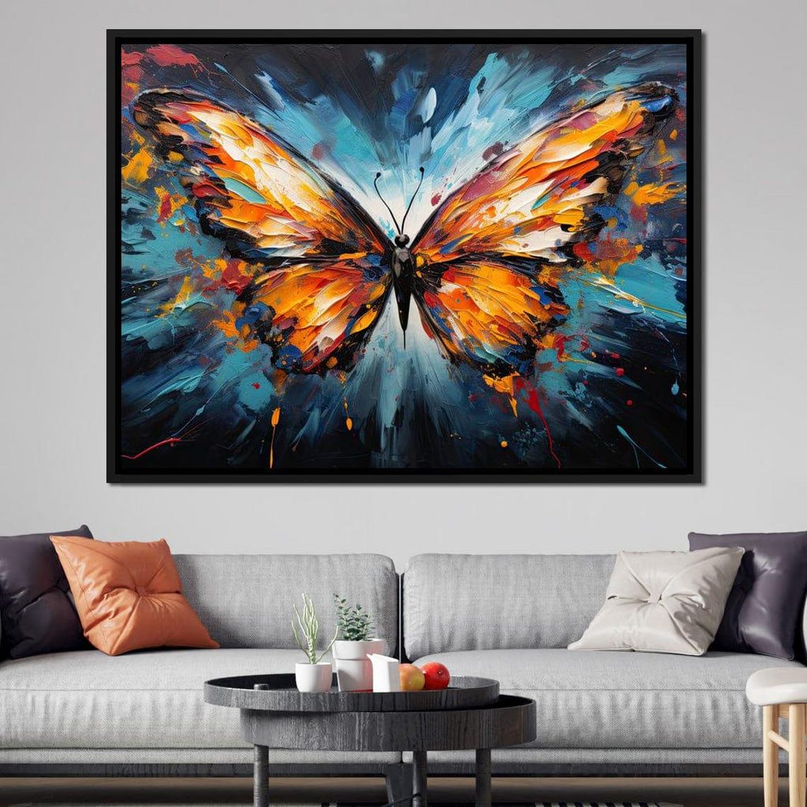 Orange Teal Butterfly Abstract Five Panel Canvas Modern Nature Print - Image 3
