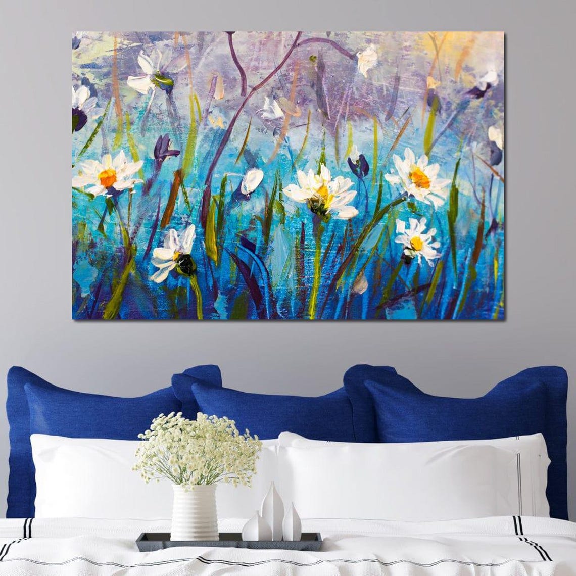 White Daisies On Blue Background Impressionist Floral Wall Art Print - Image 4