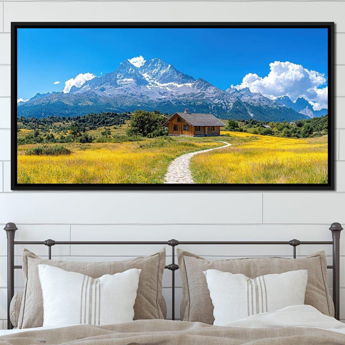 Alpine Mountain Cabin In Golden Meadow With Stone Path Blue Sky Poster - Image 4