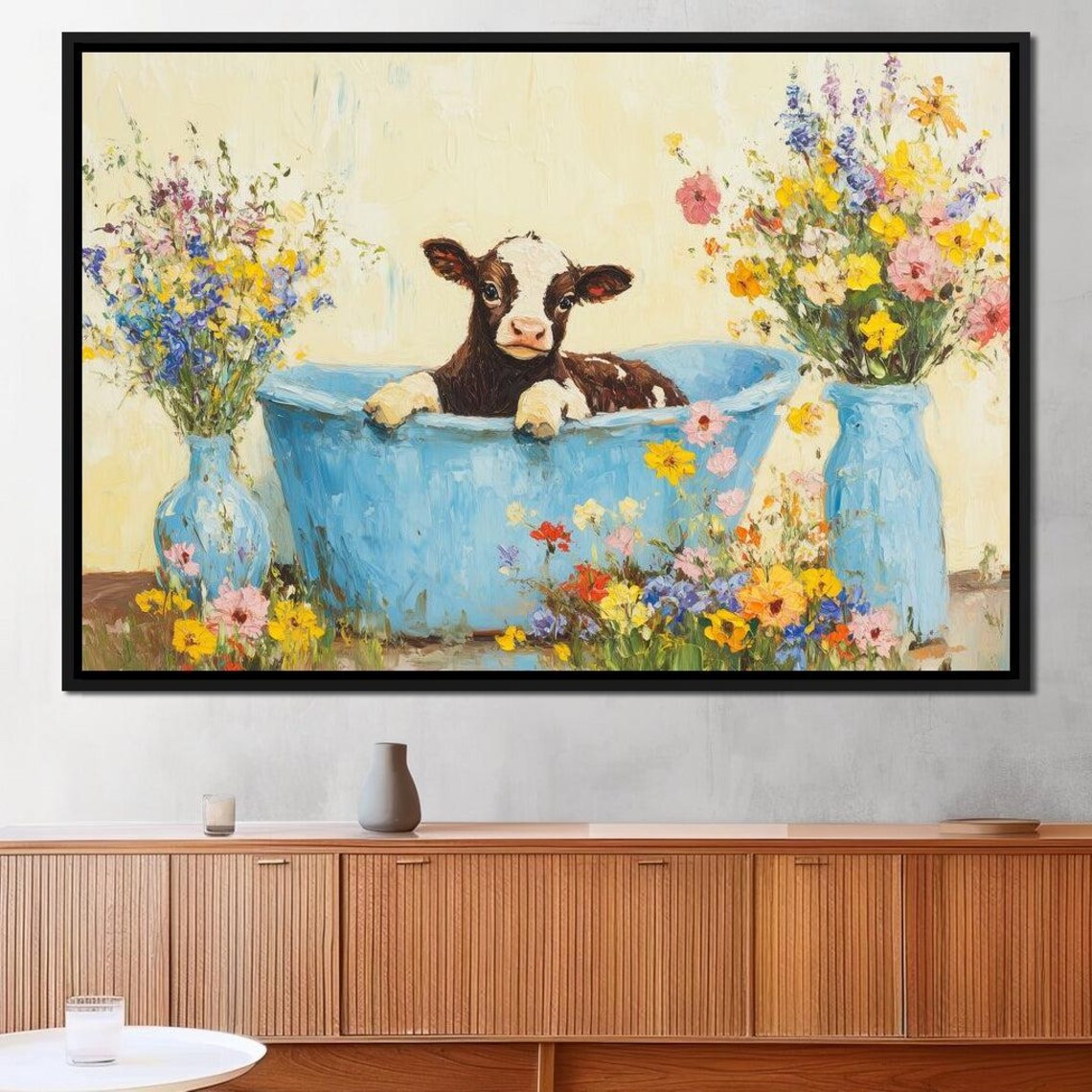 Calf In Blue Tub Wildflower Vases Whimsical Farmhouse Wall Art Poster - Image 3