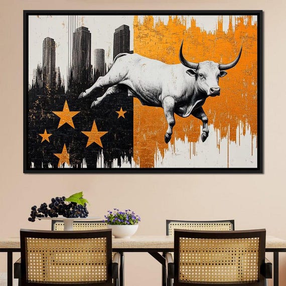Bulls Leap Through Stars Vibrant Bull Art Starry Urban Decor Modern Home Decor Dynamic Abstract Piece By Nichecanvas
