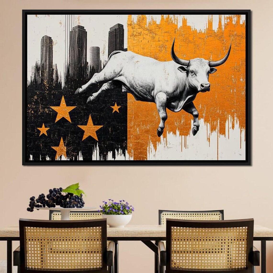 White Bull Leaping Gold Stars Orange Black Abstract Market Wall Art Poster