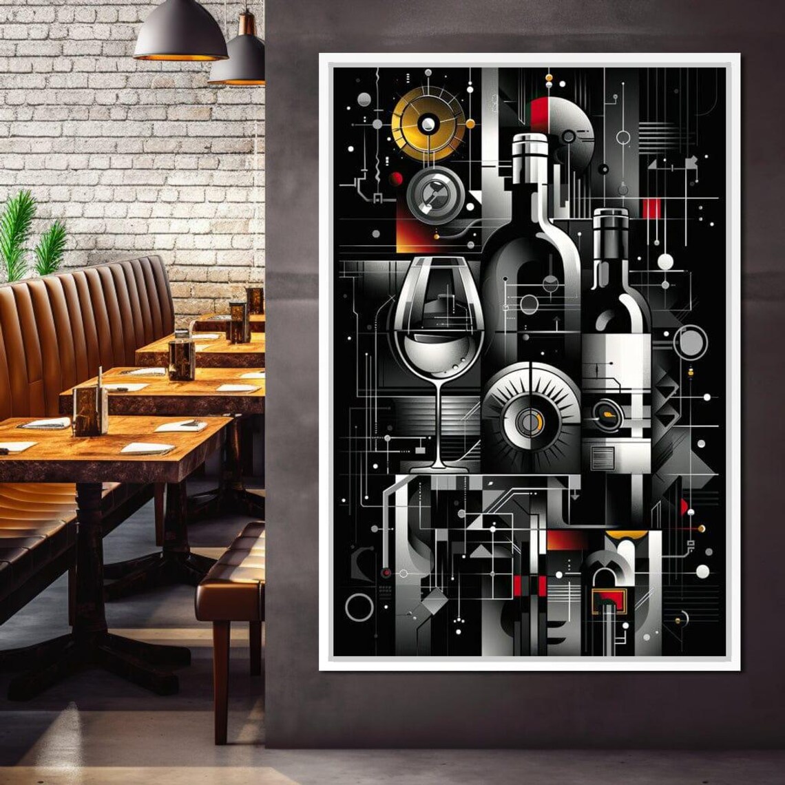 Mechanical Wine Mosaic Black Silver Geometric Bottle Glass Bar Wall Art - Image 2