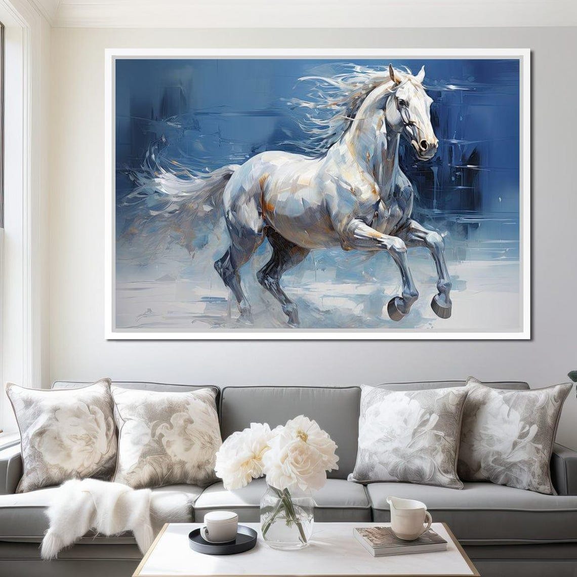 White Horse Galloping Sapphire Winter Wind Majestic Equine Art Poster