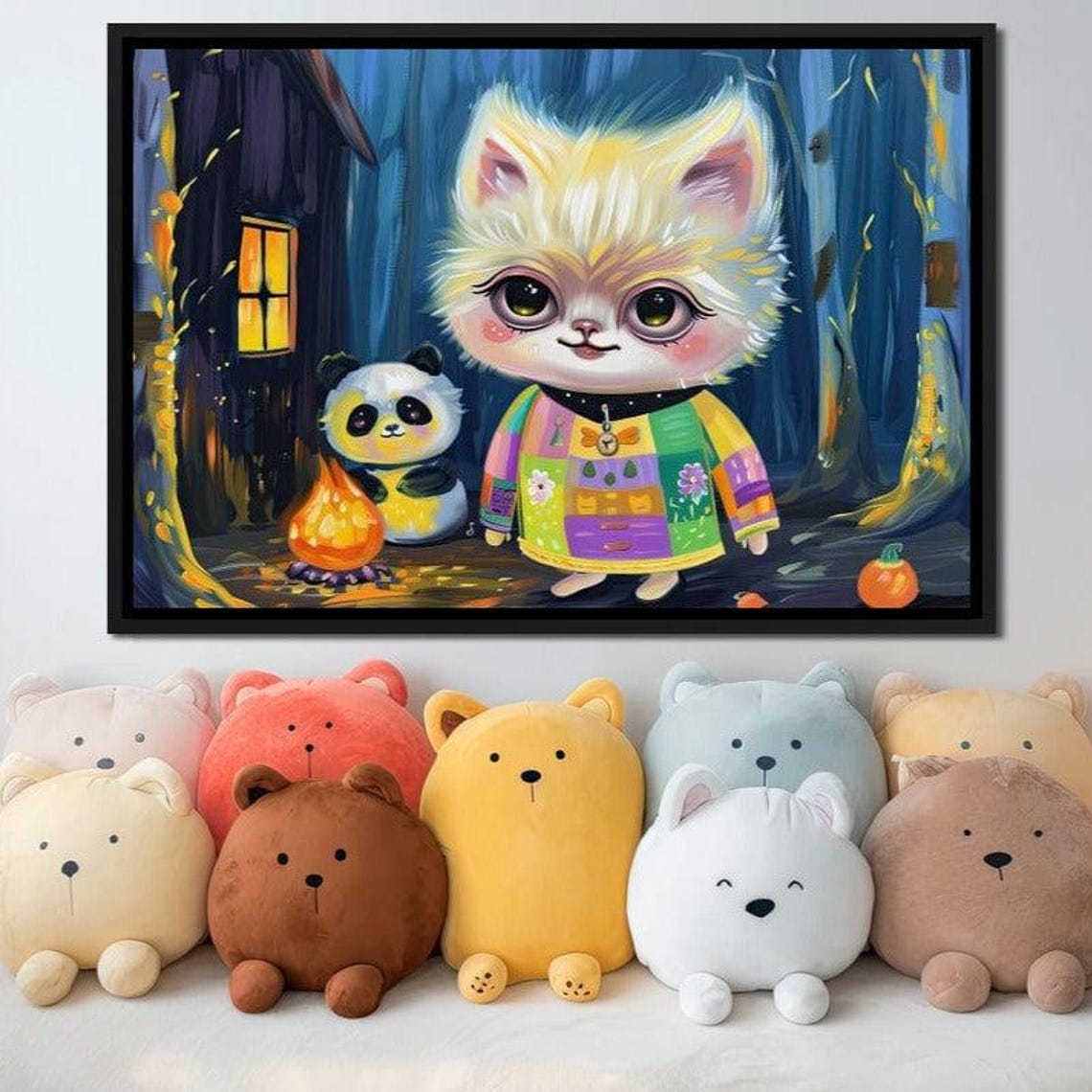 Cute Kitten Panda Campfire Cabin Night Whimsical Kids Room Art Print - Image 4