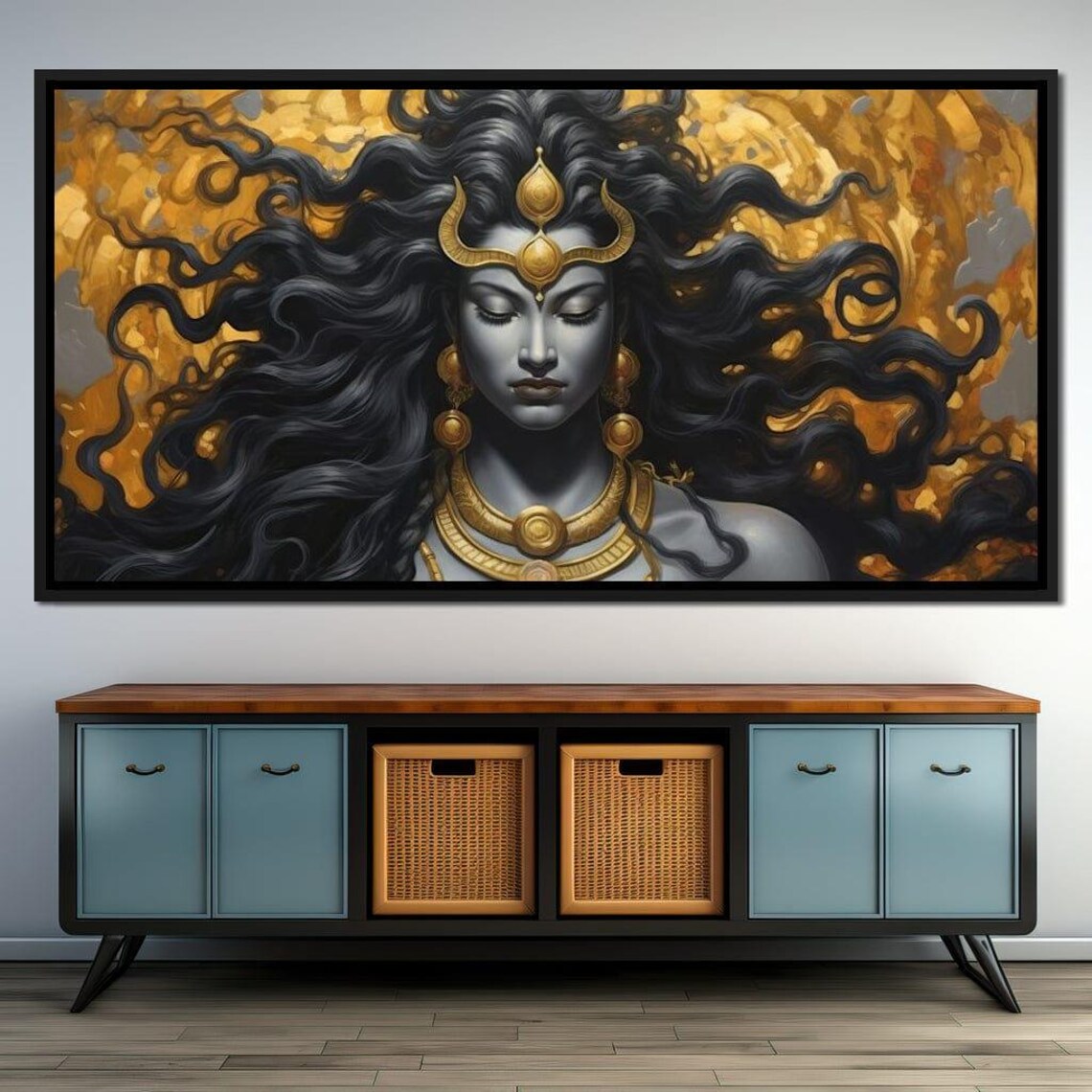 Golden Hindu Goddess Blue Skin Flowing Hair Spiritual Wall Art Print - Image 2