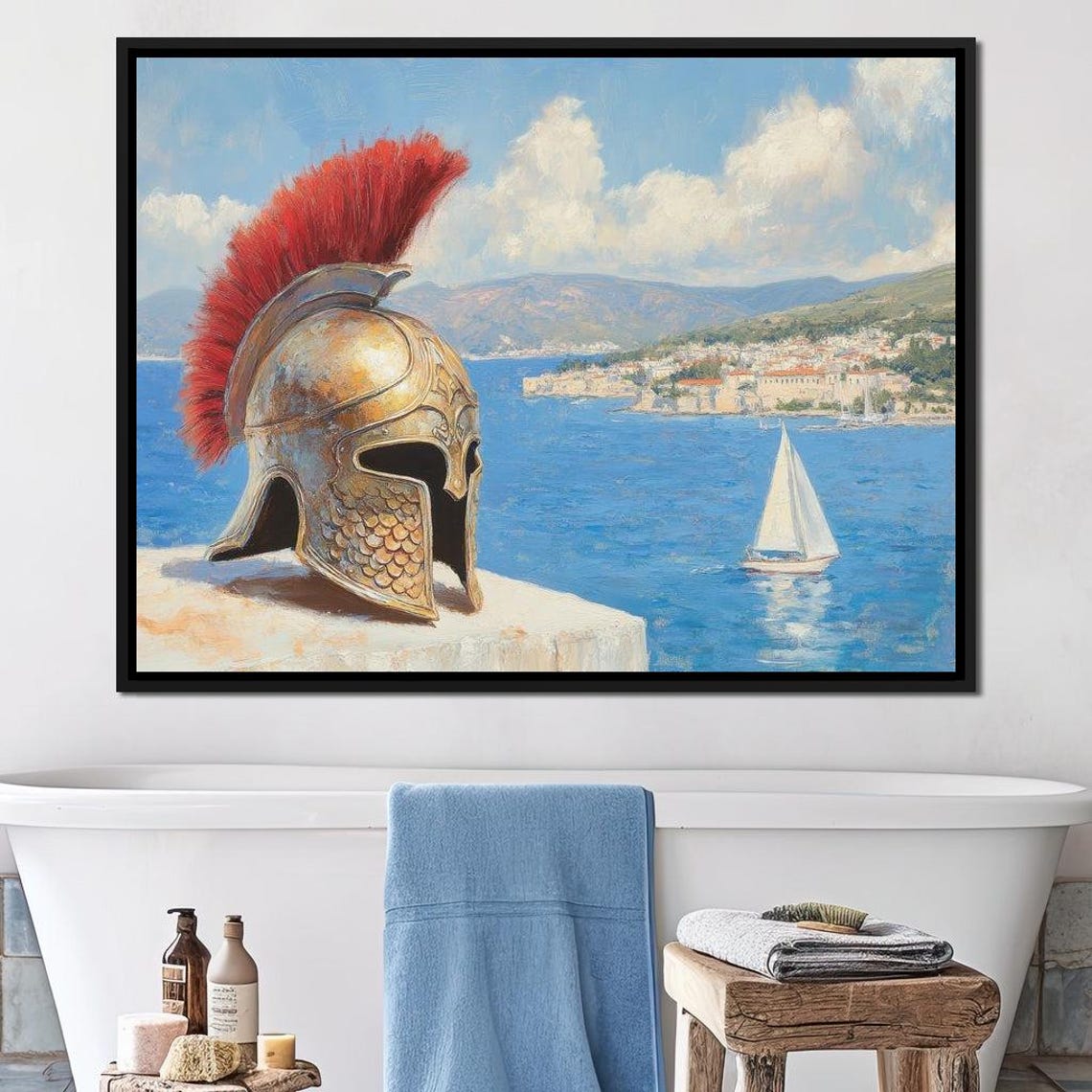 Spartan Helmet With Crimson Crest Above Blue Aegean Coastline Poster - Image 2