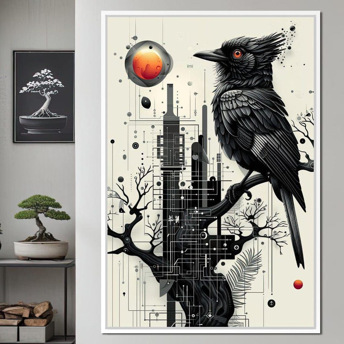 Geometric Black Raven Red Sun Circuit Tree Monochrome Avian Wall Art