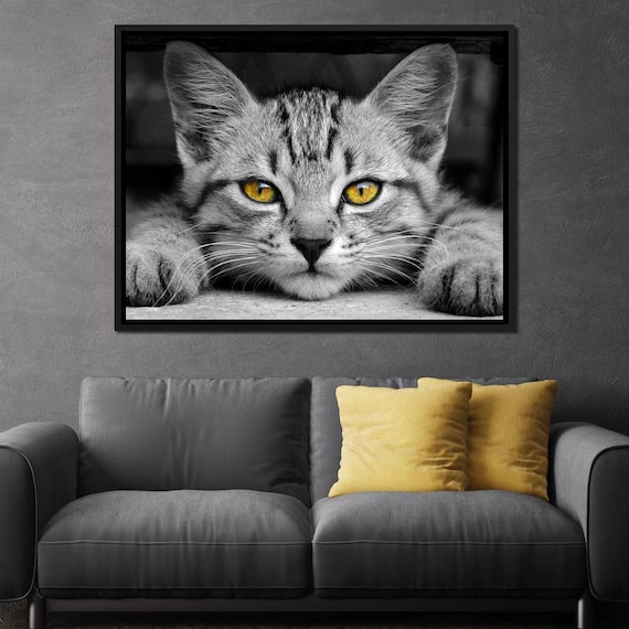 Black White Tabby Cat With Yellow Eyes Minimalist Feline Photography Wall Poster