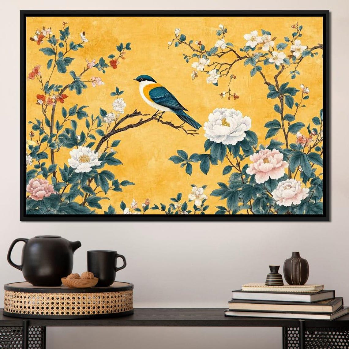 Blue Songbird Perched On Blossoming Peony Branches Gold Backdrop Print - Image 2