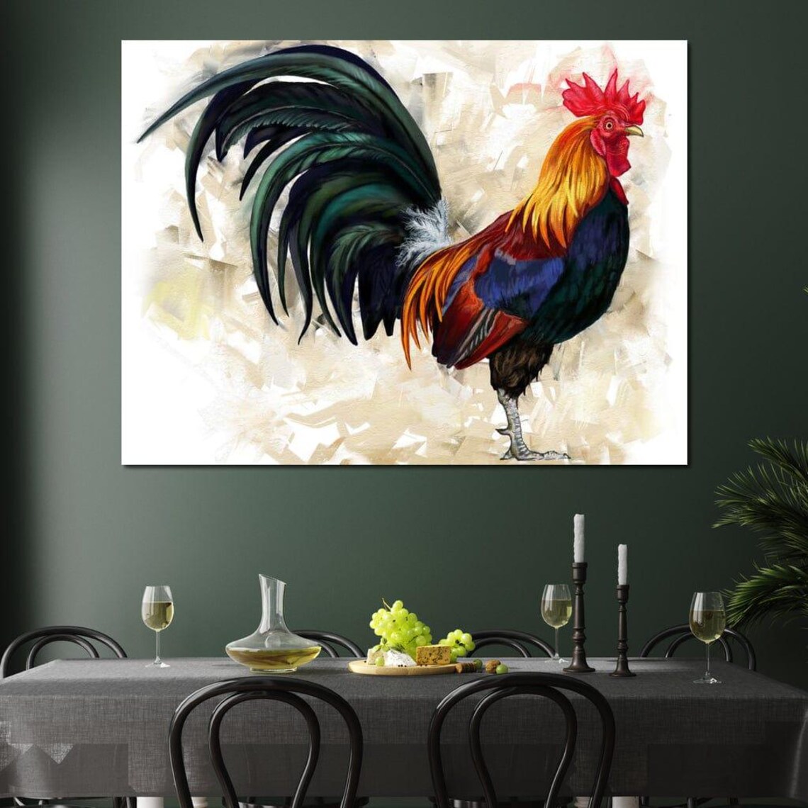 Vibrant Rooster Watercolor Colorful Farmhouse Rustic Kitchen Wall Art - Image 4