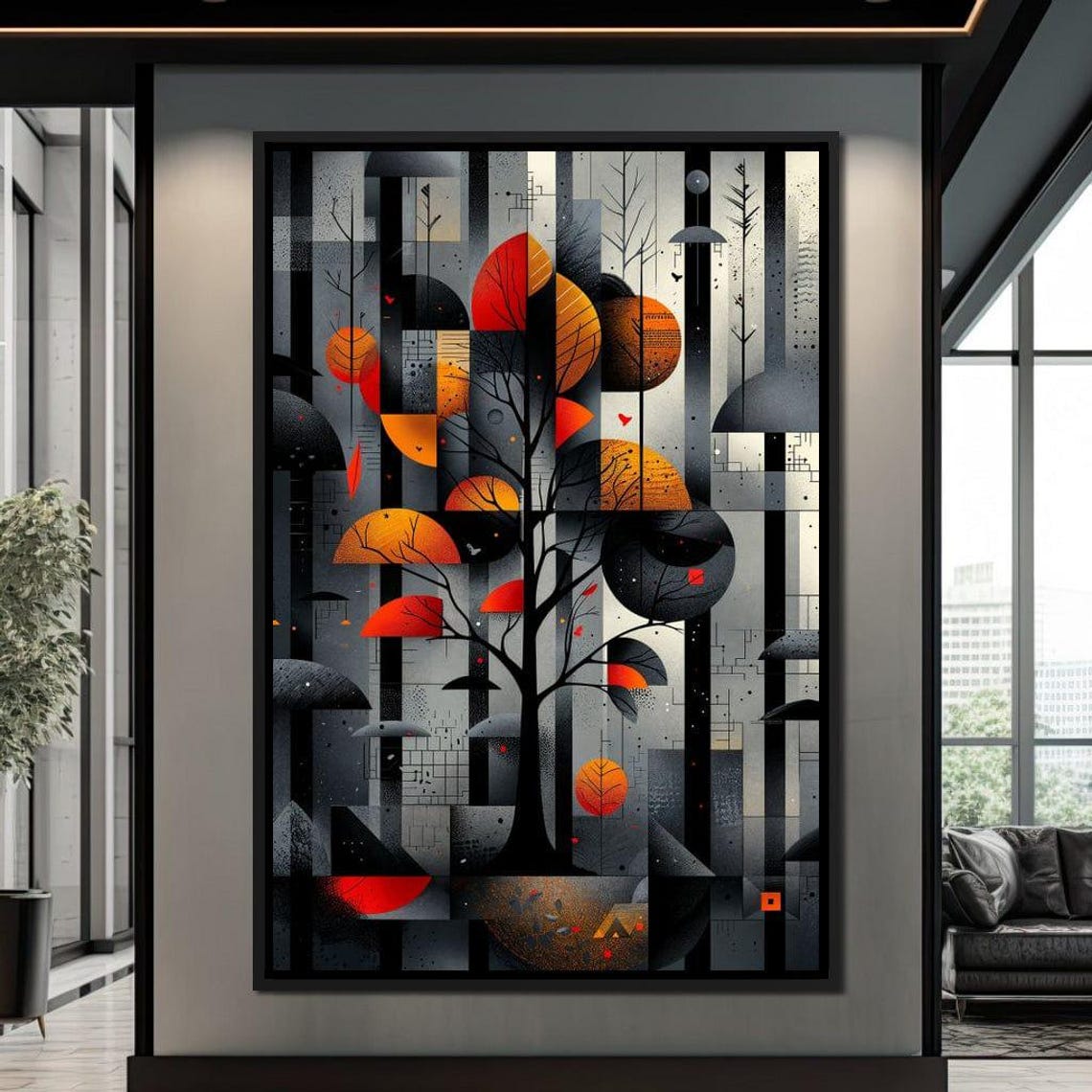 Geometric Dance Of Autumn Leaves Red Gold Tree Modern Poster - Image 4