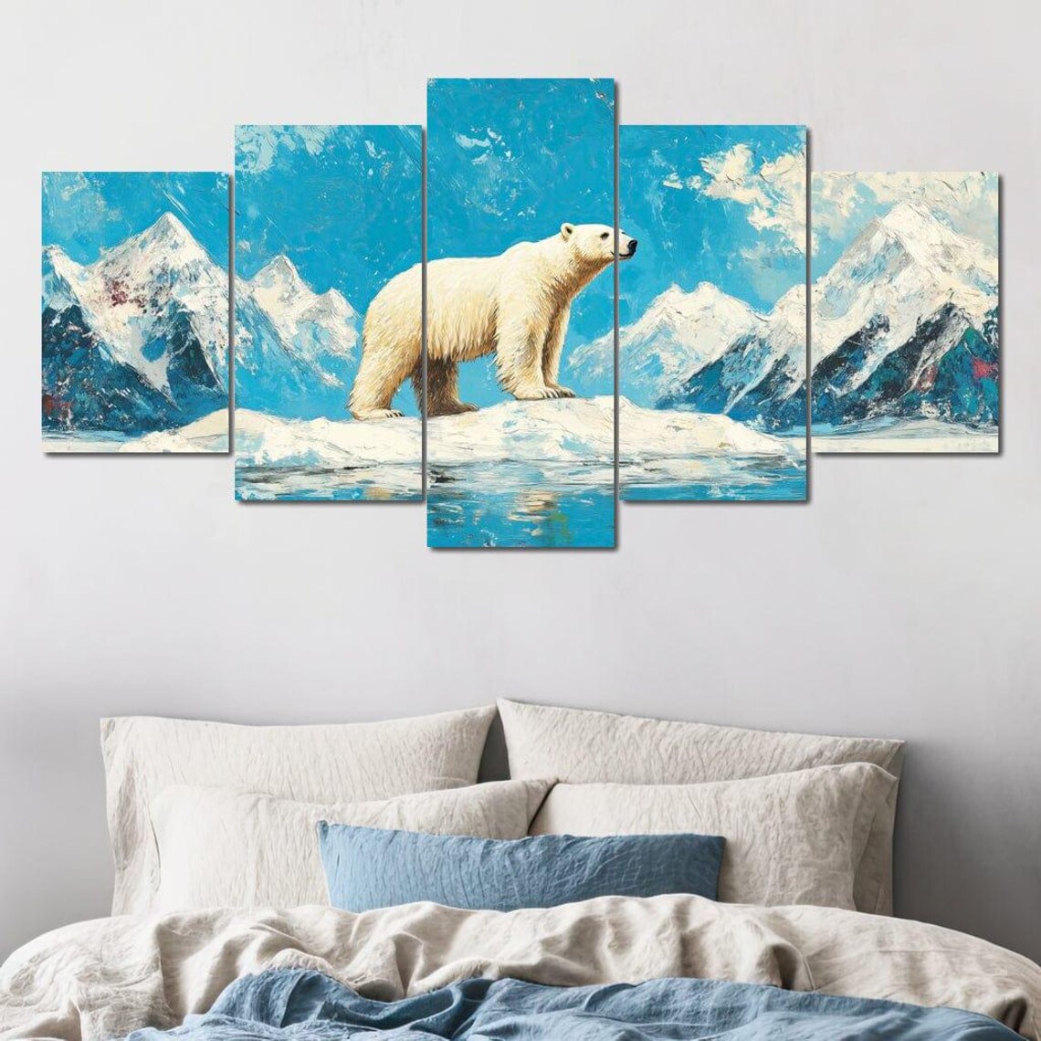Polar Bear Standing On Arctic Ice Floe Snowy Mountains Turquoise Sea Poster - Image 4