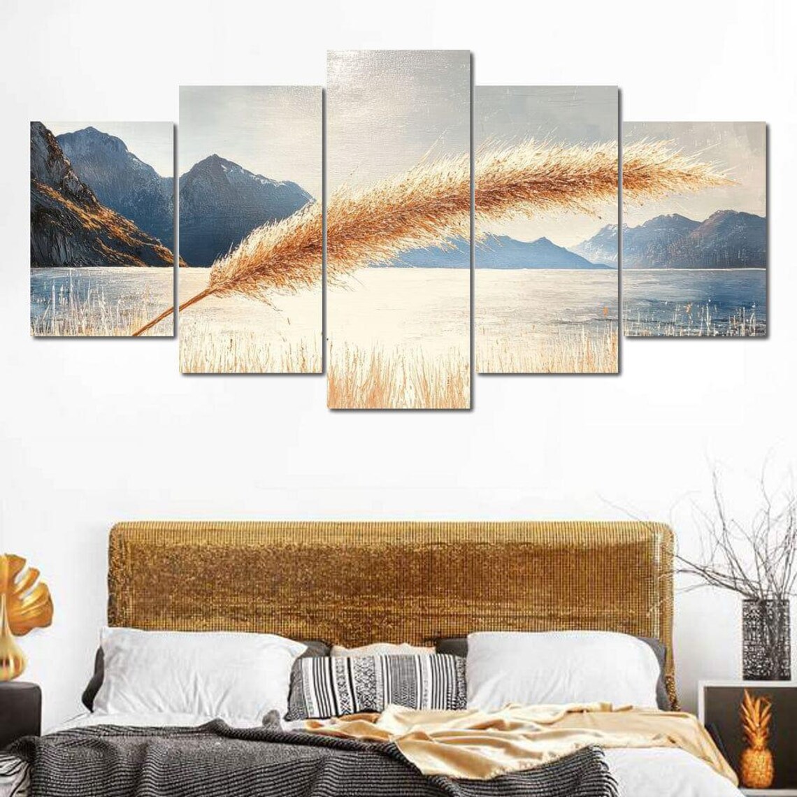 Golden Pampas Grass Swaying Over Serene Mountain Lake Scenic Poster - Image 4
