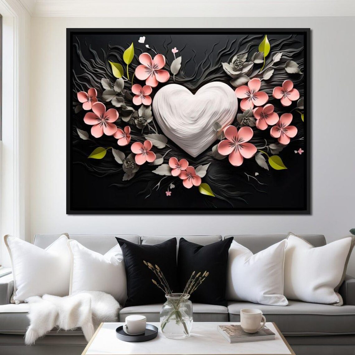 White Heart Pink Cherry Blossoms Black Romantic Love Art Poster - Image 3