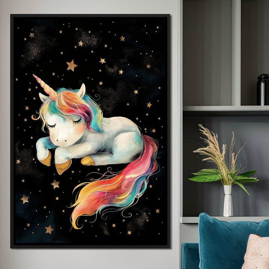 Sleeping Rainbow Mane Baby Unicorn Starry Night Sky Kids Poster - Image 4