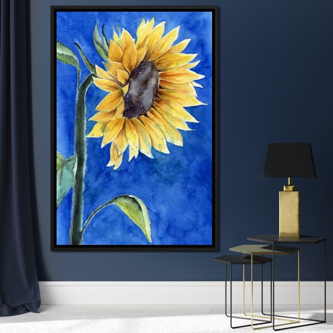 Sunflower Watercolor Cobalt Blue Background Botanical Art Poster