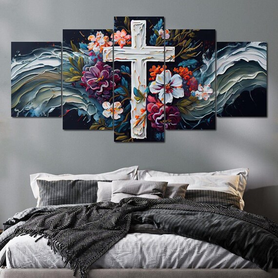 White Cross Blooming Flowers Dark Background Christian Faith Poster