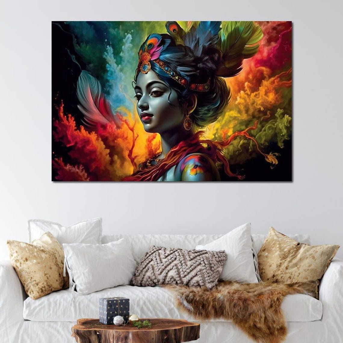 Radha Blue Peacock Feather Crown Vibrant Cosmic Hindu Art Poster - Image 3
