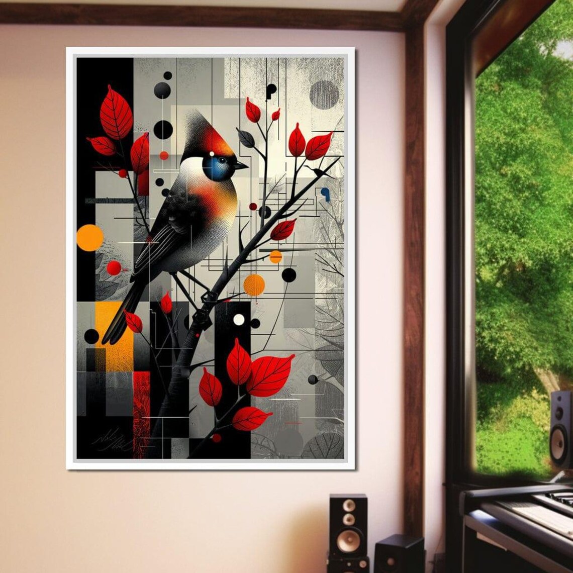 Autumn Songbird Geometric Art Red Leaves Modern Bird Branch Wall Art - Image 3