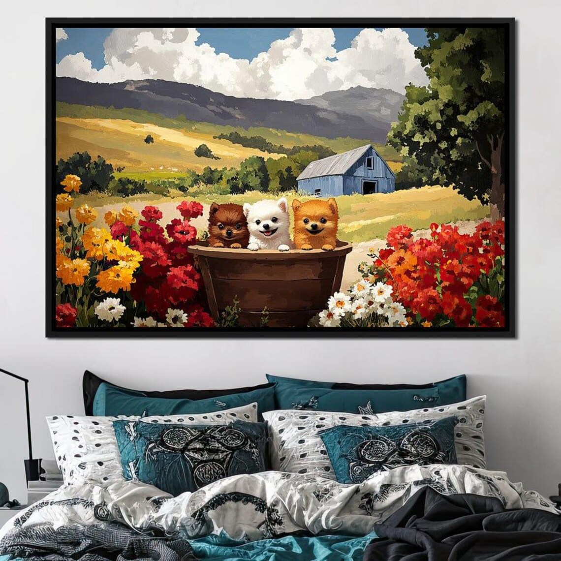 Three Cute Puppies In A Wooden Tub Among Wildflowers Farm Poster - Image 3