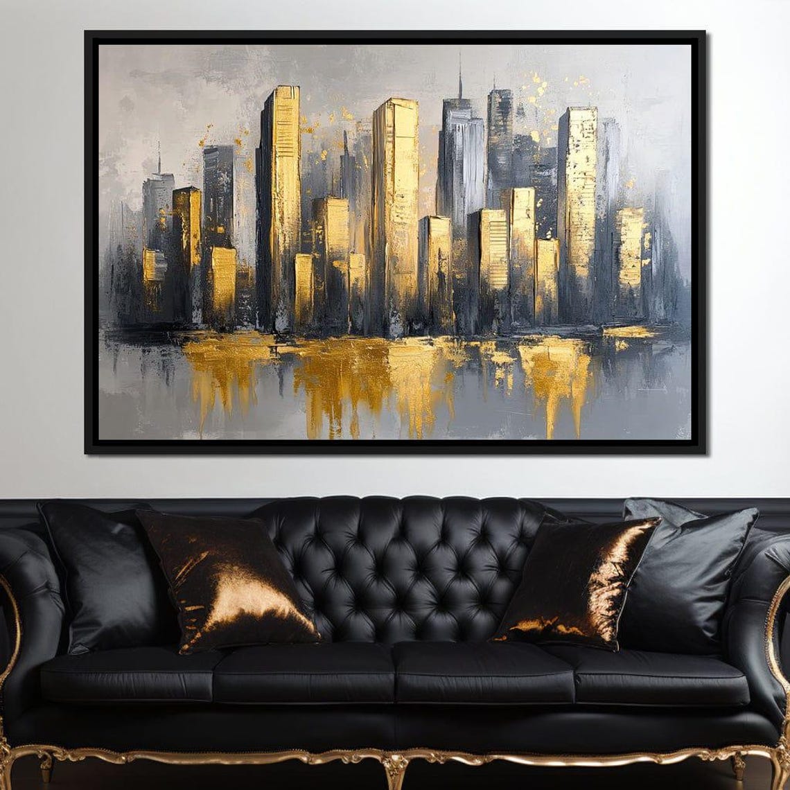 Gold Skyscrapers Gray Water Reflections Modern Urban Abstract Poster - Image 3