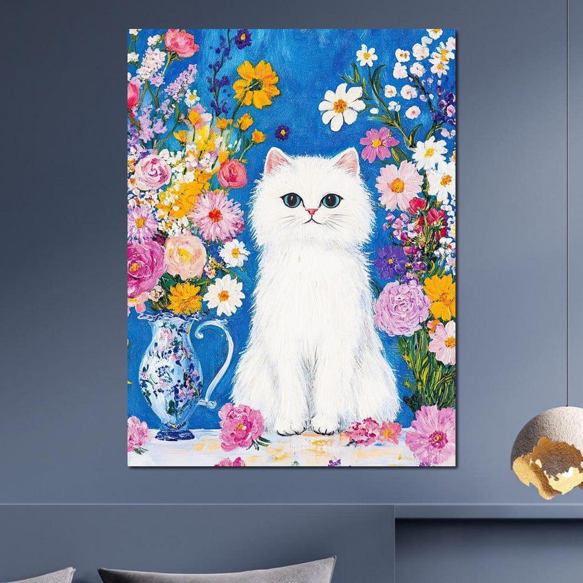 White Fluffy Cat Floral Vase Bouquet Blue Framed Whimsical Wall Art - Image 2